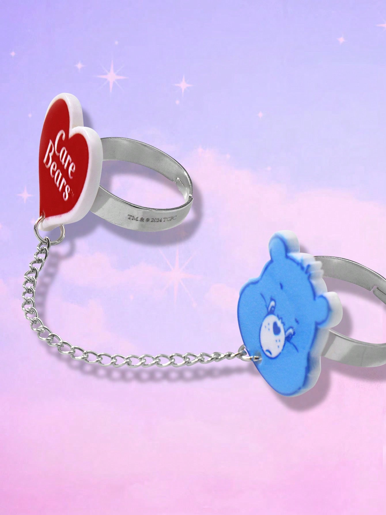 ROMWE X Care Bears 1 Set Adorable expresión personalizada Set de 2 cadenas de anillos conectados, anillos abiertos de acero inoxidable con forma de corazón y tamaño ajustable, adecuado para uso diario de mujeres, regalo para ocasiones festivas
