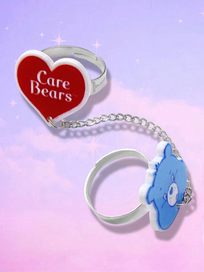 ROMWE X Care Bears 1 Set Adorable expresión personalizada Set de 2 cadenas de anillos conectados, anillos abiertos de acero inoxidable con forma de corazón y tamaño ajustable, adecuado para uso diario de mujeres, regalo para ocasiones festivas