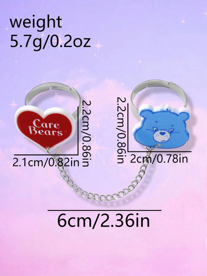 ROMWE X Care Bears 1 Set Adorable expresión personalizada Set de 2 cadenas de anillos conectados, anillos abiertos de acero inoxidable con forma de corazón y tamaño ajustable, adecuado para uso diario de mujeres, regalo para ocasiones festivas