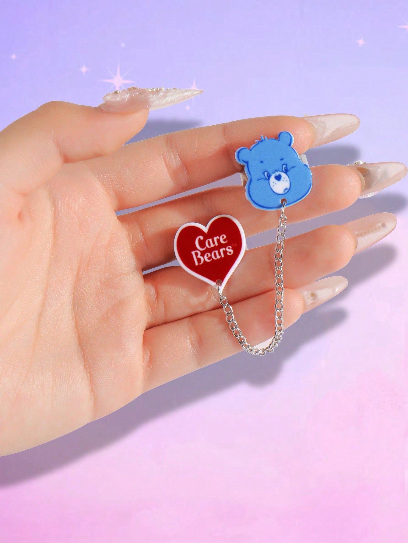 ROMWE X Care Bears 1 Set Adorable expresión personalizada Set de 2 cadenas de anillos conectados, anillos abiertos de acero inoxidable con forma de corazón y tamaño ajustable, adecuado para uso diario de mujeres, regalo para ocasiones festivas