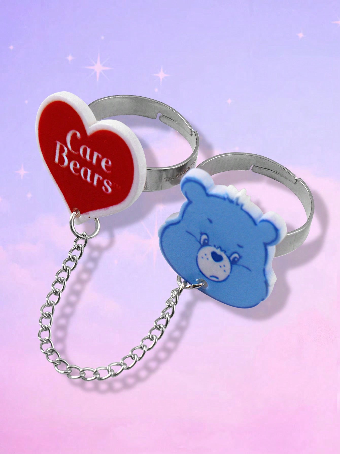 ROMWE X Care Bears 1 Set Adorable expresión personalizada Set de 2 cadenas de anillos conectados, anillos abiertos de acero inoxidable con forma de corazón y tamaño ajustable, adecuado para uso diario de mujeres, regalo para ocasiones festivas