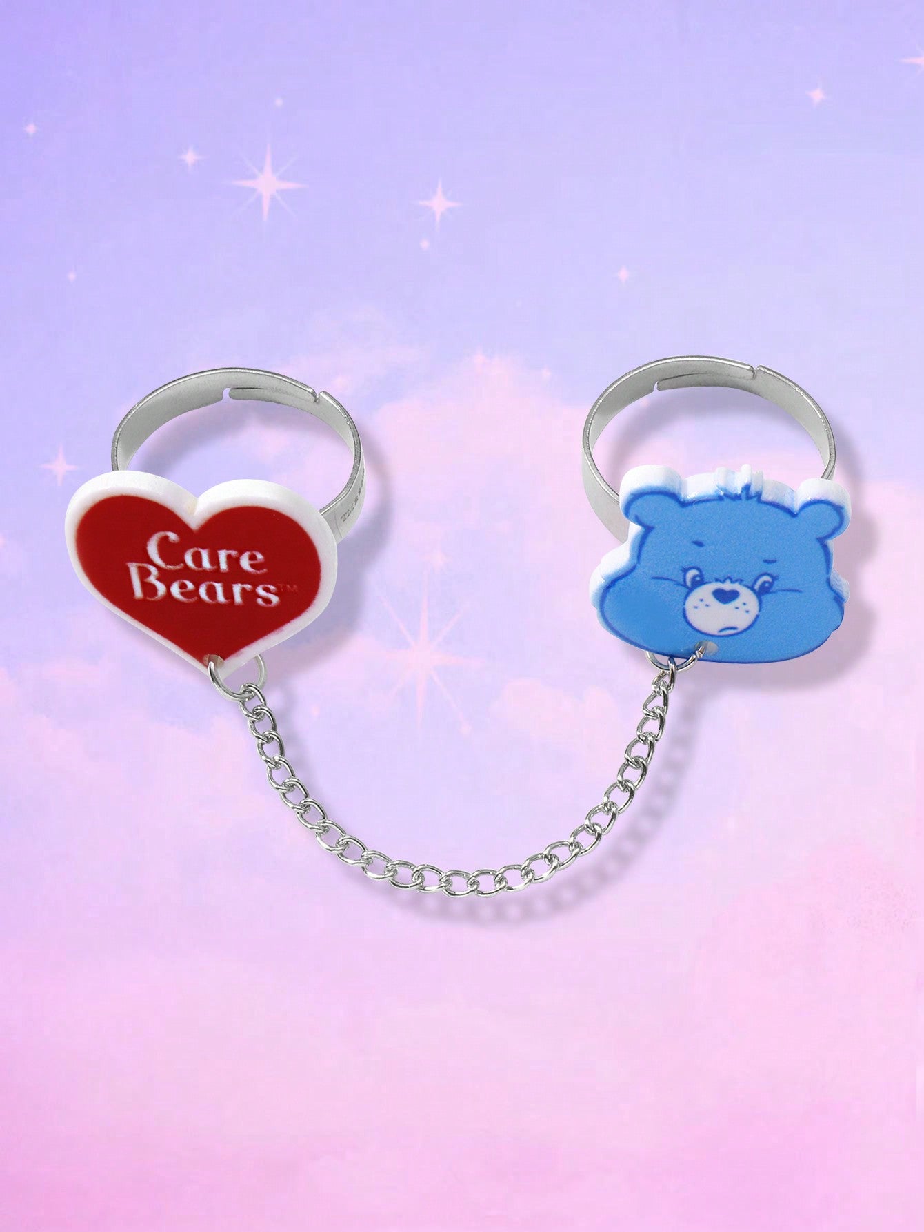 ROMWE X Care Bears 1 Set Adorable expresión personalizada Set de 2 cadenas de anillos conectados, anillos abiertos de acero inoxidable con forma de corazón y tamaño ajustable, adecuado para uso diario de mujeres, regalo para ocasiones festivas