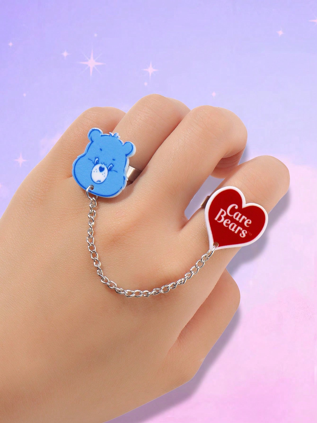 ROMWE X Care Bears 1 Set Adorable expresión personalizada Set de 2 cadenas de anillos conectados, anillos abiertos de acero inoxidable con forma de corazón y tamaño ajustable, adecuado para uso diario de mujeres, regalo para ocasiones festivas