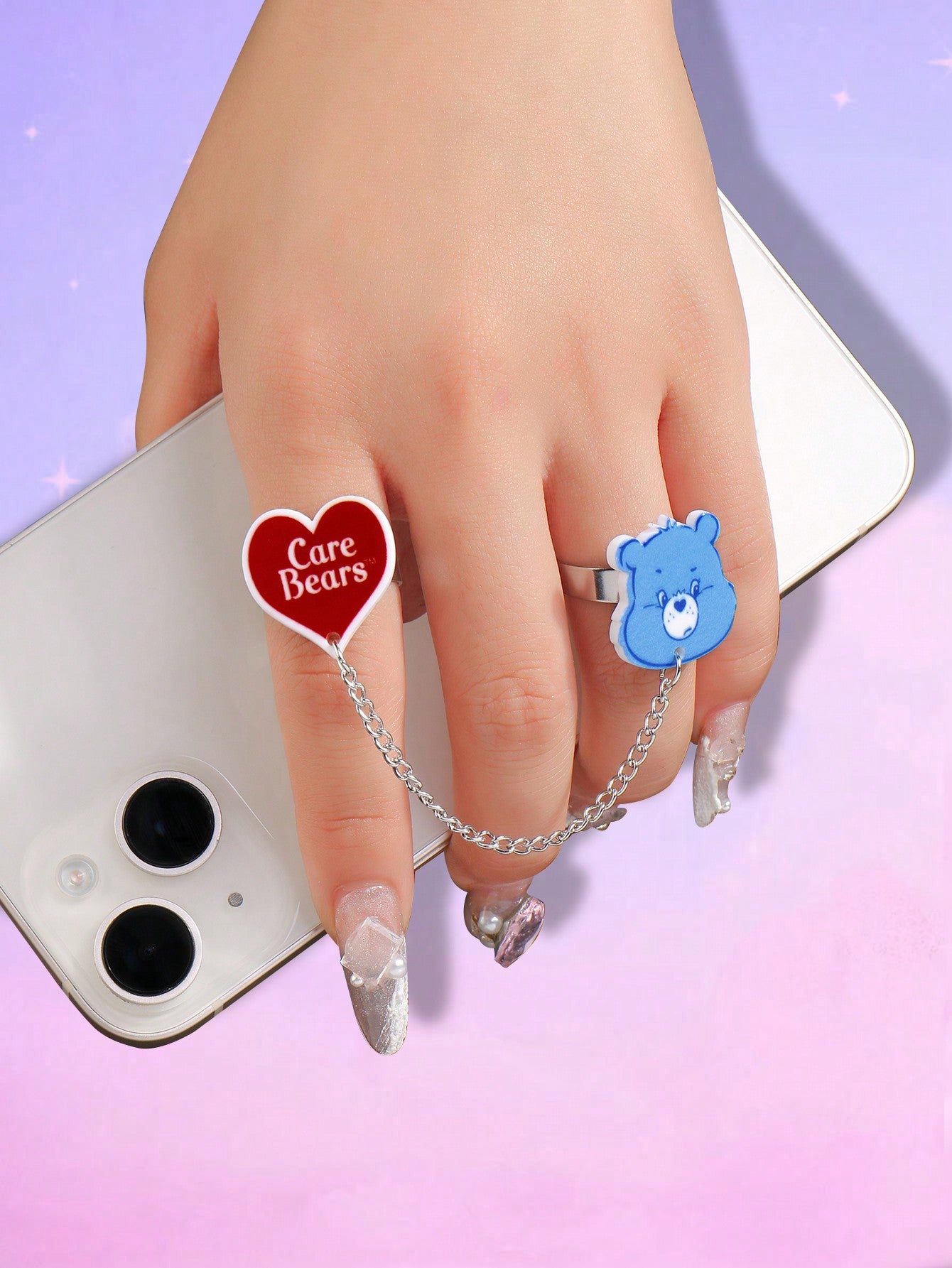 ROMWE X Care Bears 1 Set Adorable expresión personalizada Set de 2 cadenas de anillos conectados, anillos abiertos de acero inoxidable con forma de corazón y tamaño ajustable, adecuado para uso diario de mujeres, regalo para ocasiones festivas