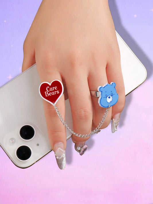 ROMWE X Care Bears 1 Set Adorable expresión personalizada Set de 2 cadenas de anillos conectados, anillos abiertos de acero inoxidable con forma de corazón y tamaño ajustable, adecuado para uso diario de mujeres, regalo para ocasiones festivas