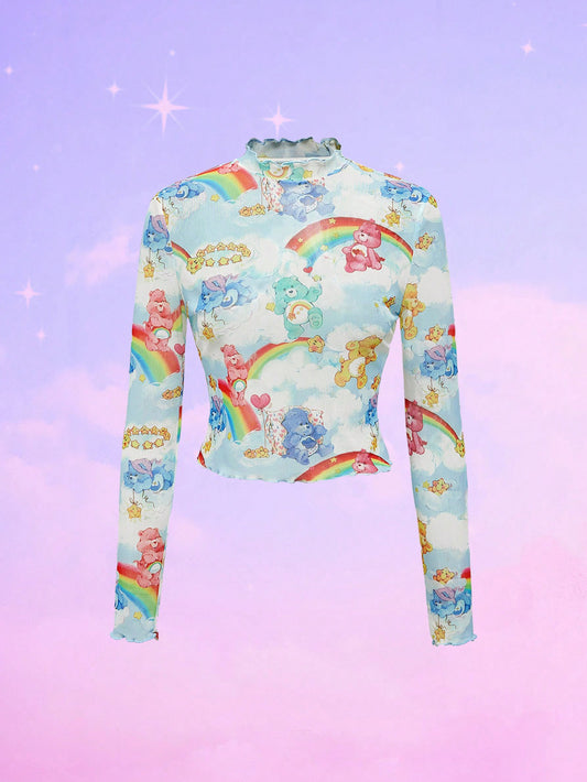 ROMWE X Care Bears Parte superior transparente de mujer sin sujetador con cuello de pie, estampado de arcoíris y oso de dibujos animados, ribete de lechuga