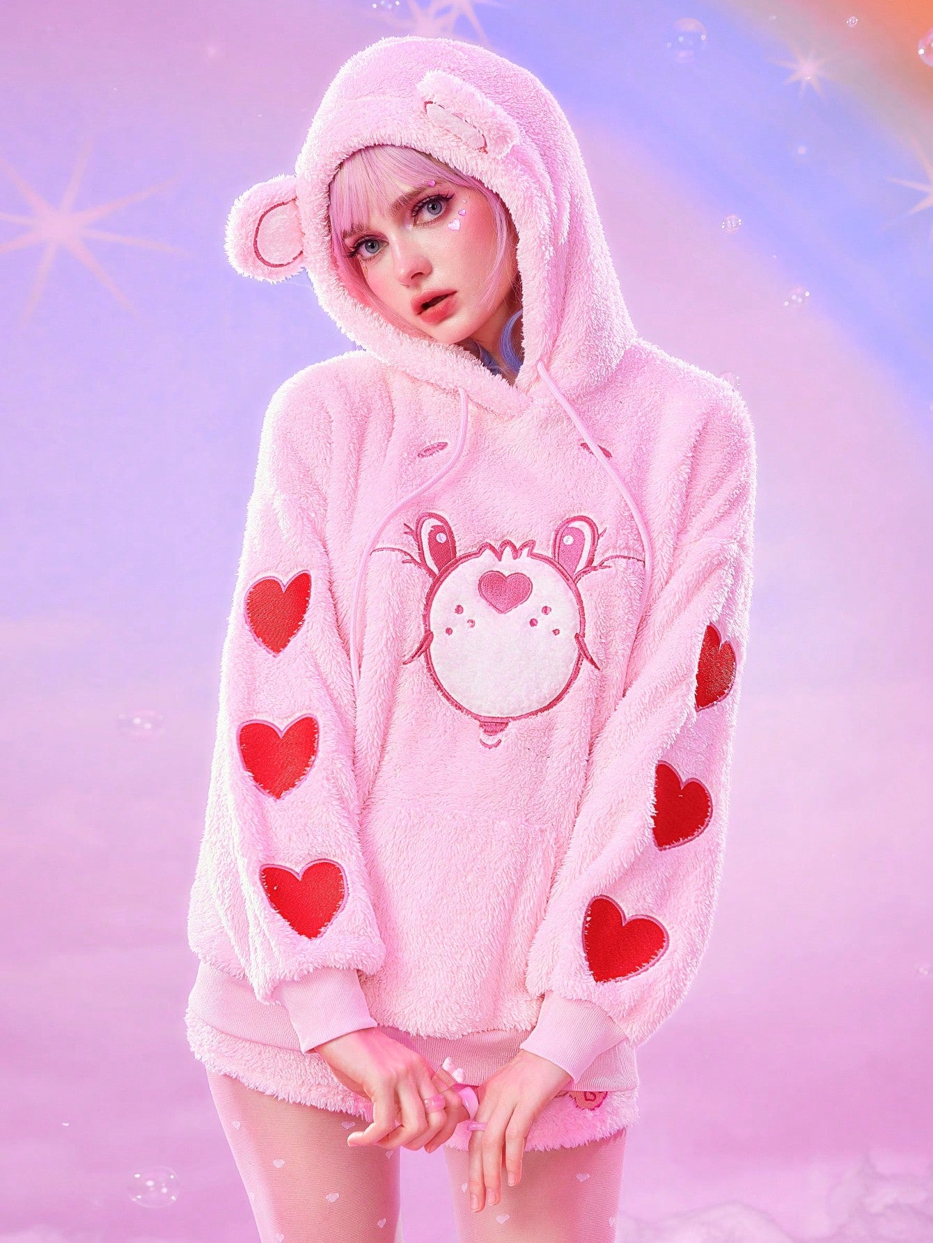 ROMWE X Care Bears Sudadera con capucha de mujer con bordado de oso de peluche, orejas 3D y cordón