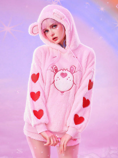 ROMWE X Care Bears Sudadera con capucha de mujer con bordado de oso de peluche, orejas 3D y cordón