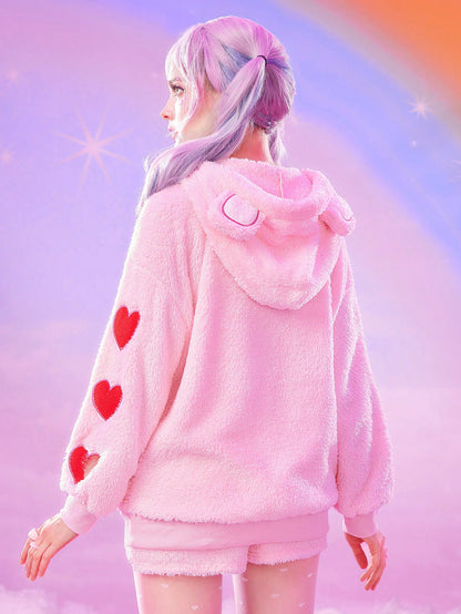 ROMWE X Care Bears Sudadera con capucha de mujer con bordado de oso de peluche, orejas 3D y cordón
