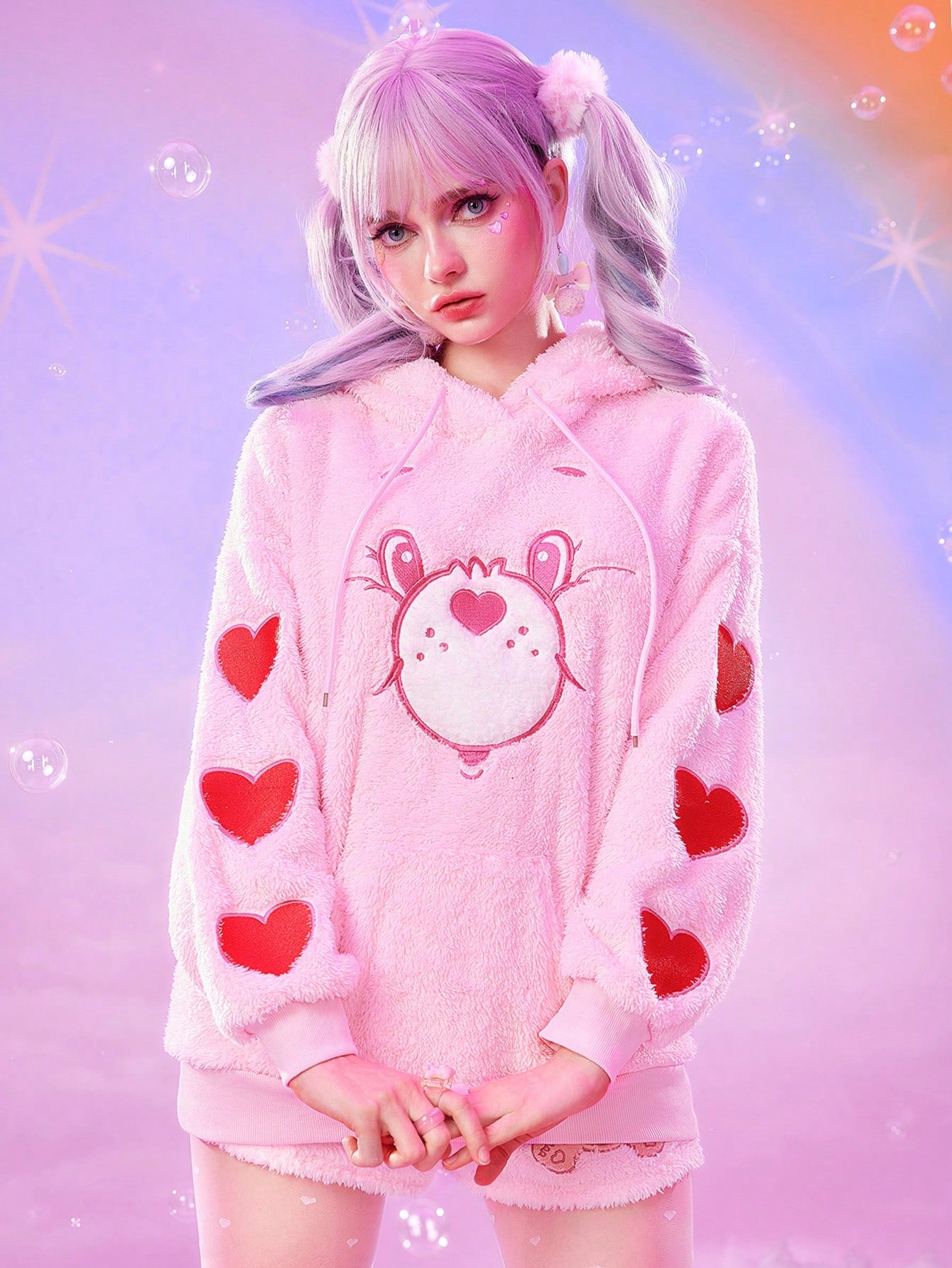 ROMWE X Care Bears Sudadera con capucha de mujer con bordado de oso de peluche, orejas 3D y cordón