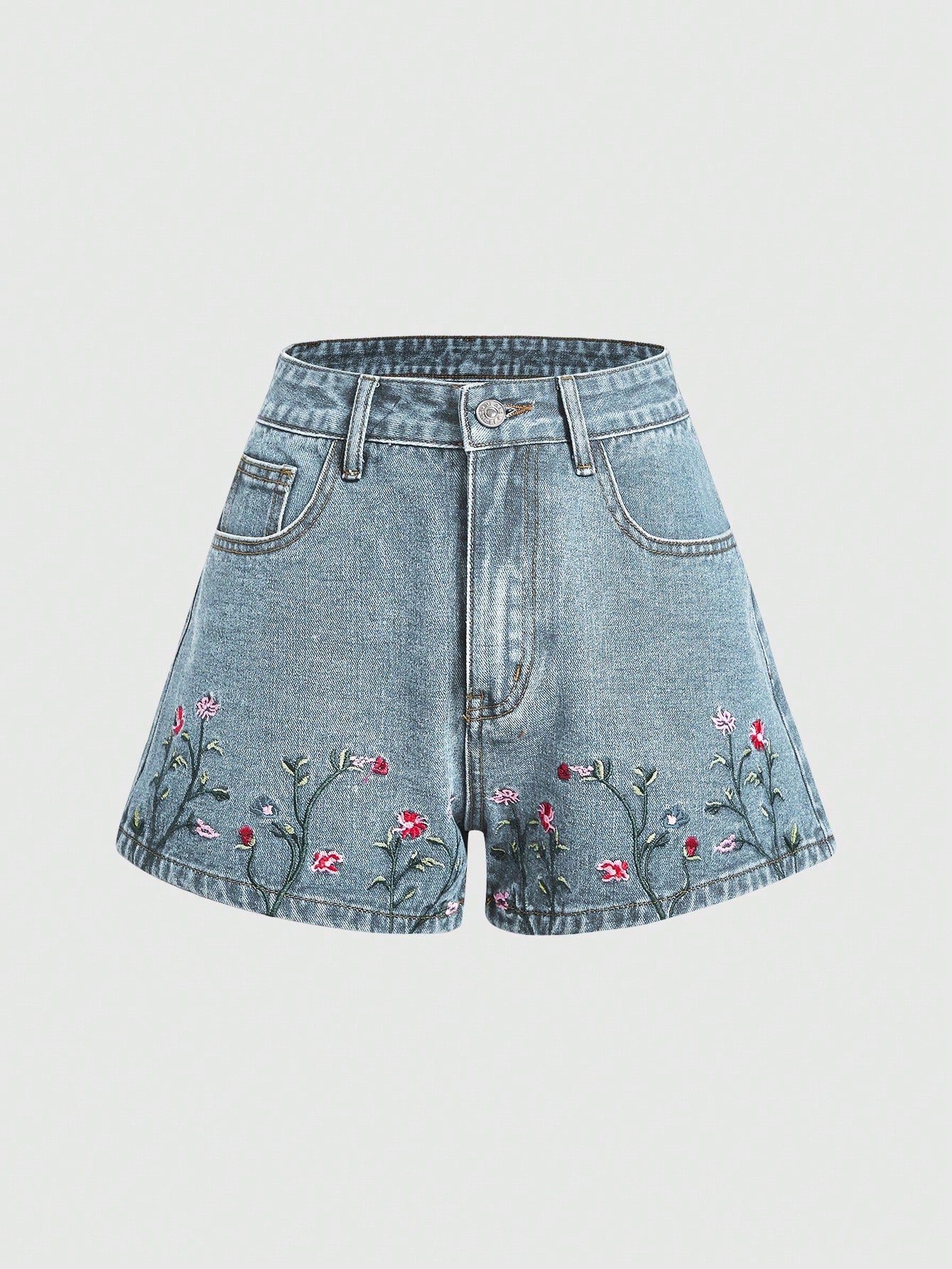 ROMWE shorts de mezclilla para mujeres con bolsillos bordados con flores