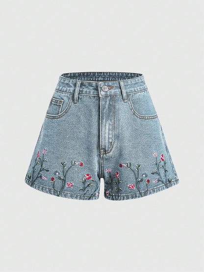ROMWE shorts de mezclilla para mujeres con bolsillos bordados con flores