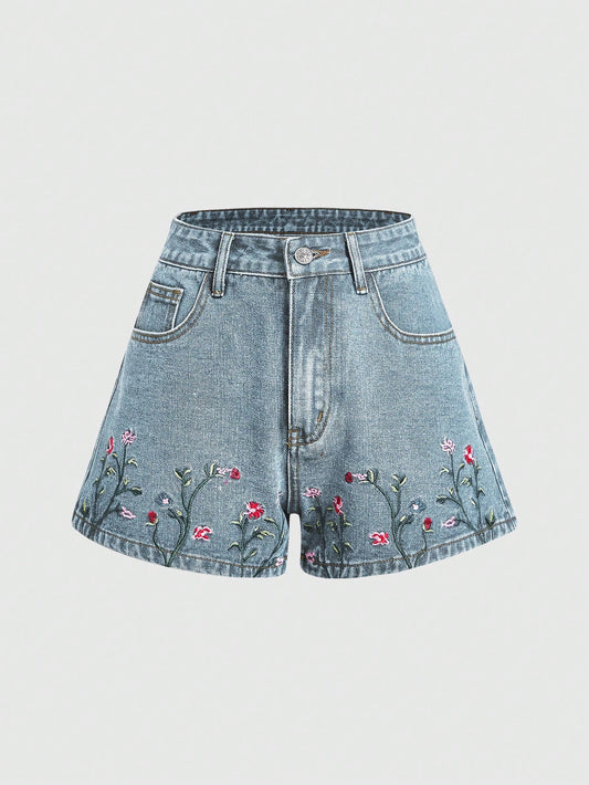 ROMWE shorts de mezclilla para mujeres con bolsillos bordados con flores