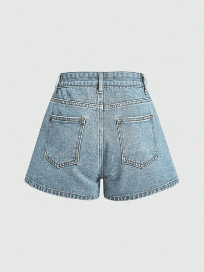 ROMWE shorts de mezclilla para mujeres con bolsillos bordados con flores