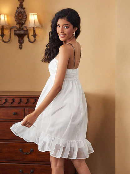 RUOYAN Vestido de burbuja de princesa con volantes y tirantes de perlas, vestido elegante de verano