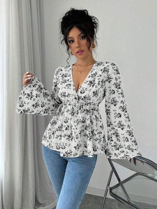 Rafferiza Blusa de manga larga con cuello en V y mangas acampanadas con estampado floral azul para mujer