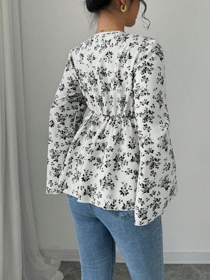 Rafferiza Blusa de manga larga con cuello en V y mangas acampanadas con estampado floral azul para mujer