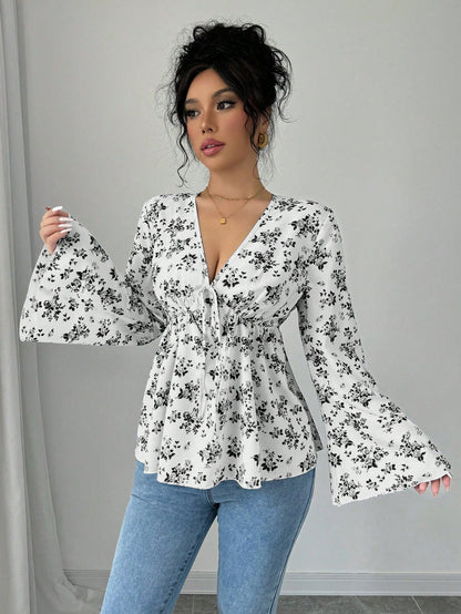 Rafferiza Blusa de manga larga con cuello en V y mangas acampanadas con estampado floral azul para mujer