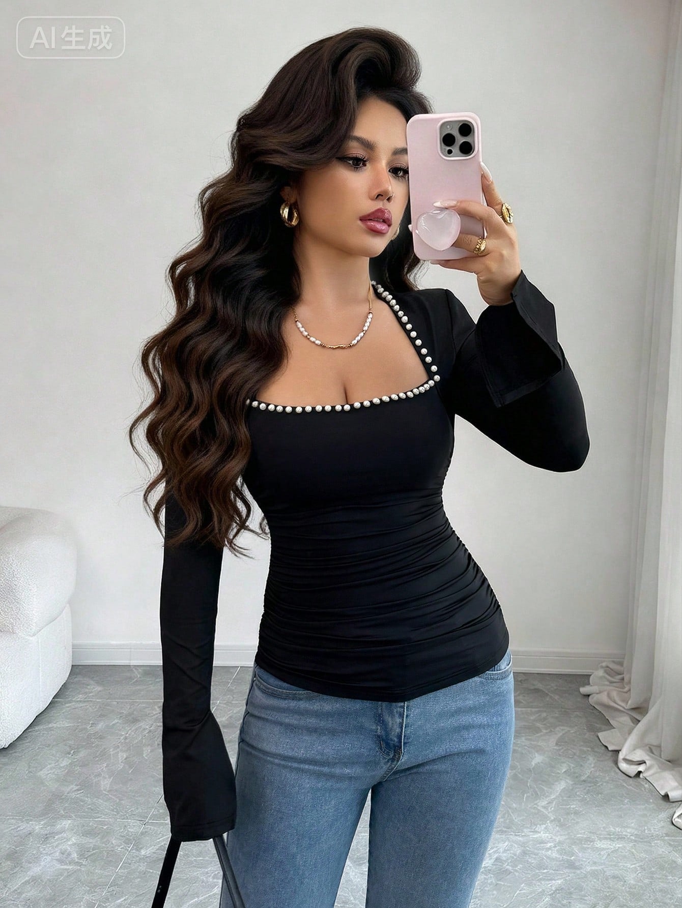 Rafferiza Blusa de mujer con cuello cuadrado, manga acampanada y decoración de perla negra, adecuada para uso diario, bodas, galas, viajes al trabajo, fiestas de graduación, vacaciones, citas, fiestas, Halloween, Navidad