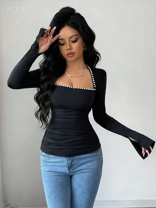 Rafferiza Blusa de mujer con cuello cuadrado, manga acampanada y decoración de perla negra, adecuada para uso diario, bodas, galas, viajes al trabajo, fiestas de graduación, vacaciones, citas, fiestas, Halloween, Navidad