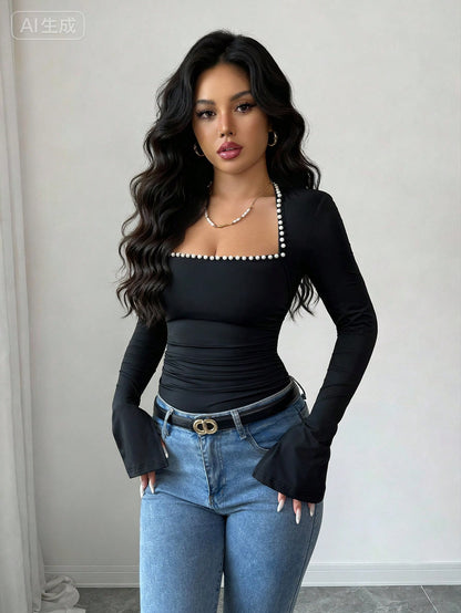 Rafferiza Blusa de mujer con cuello cuadrado, manga acampanada y decoración de perla negra, adecuada para uso diario, bodas, galas, viajes al trabajo, fiestas de graduación, vacaciones, citas, fiestas, Halloween, Navidad