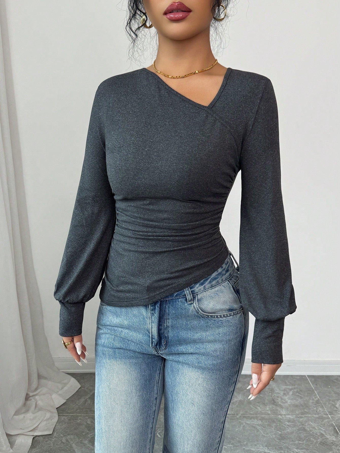 Rafferiza Blusa elegante y de moda para mujer, de corte ajustado, con cuello asimétrico, mangas acampanadas y bajo oblicuo, para uso casual y de oficina, para otoño/invierno