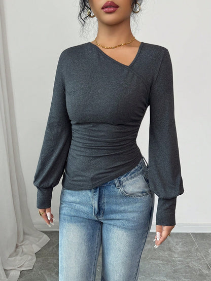 Rafferiza Blusa elegante y de moda para mujer, de corte ajustado, con cuello asimétrico, mangas acampanadas y bajo oblicuo, para uso casual y de oficina, para otoño/invierno