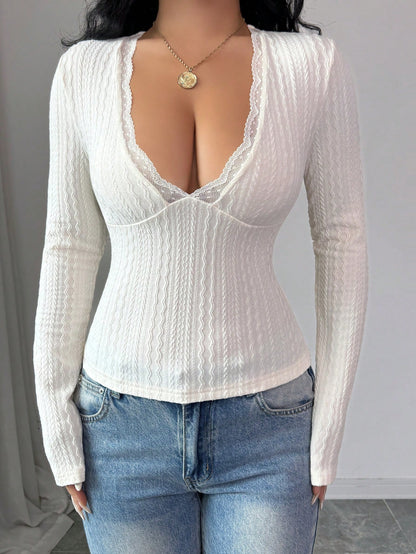 Rafferiza Camiseta de encaje con cuello en V elegante y versátil para mujer, adecuada para salidas en otoño/invierno
