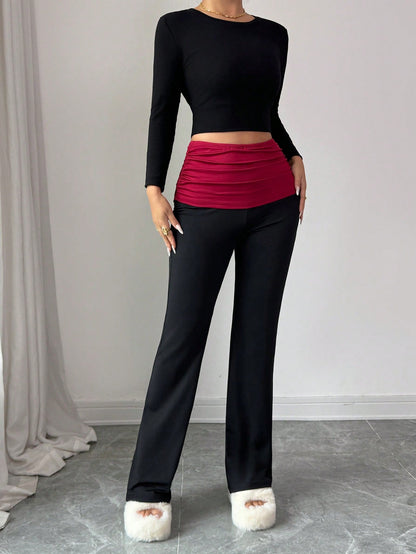 Rafferiza Pantalones de estilo ballet de contraste en negro y rojo, de tela cómoda y versátil, para mujer. Pantalones cómodos a juego con todo, ideales para Navidad.