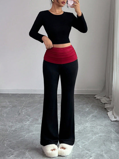Rafferiza Pantalones de estilo ballet de contraste en negro y rojo, de tela cómoda y versátil, para mujer. Pantalones cómodos a juego con todo, ideales para Navidad.