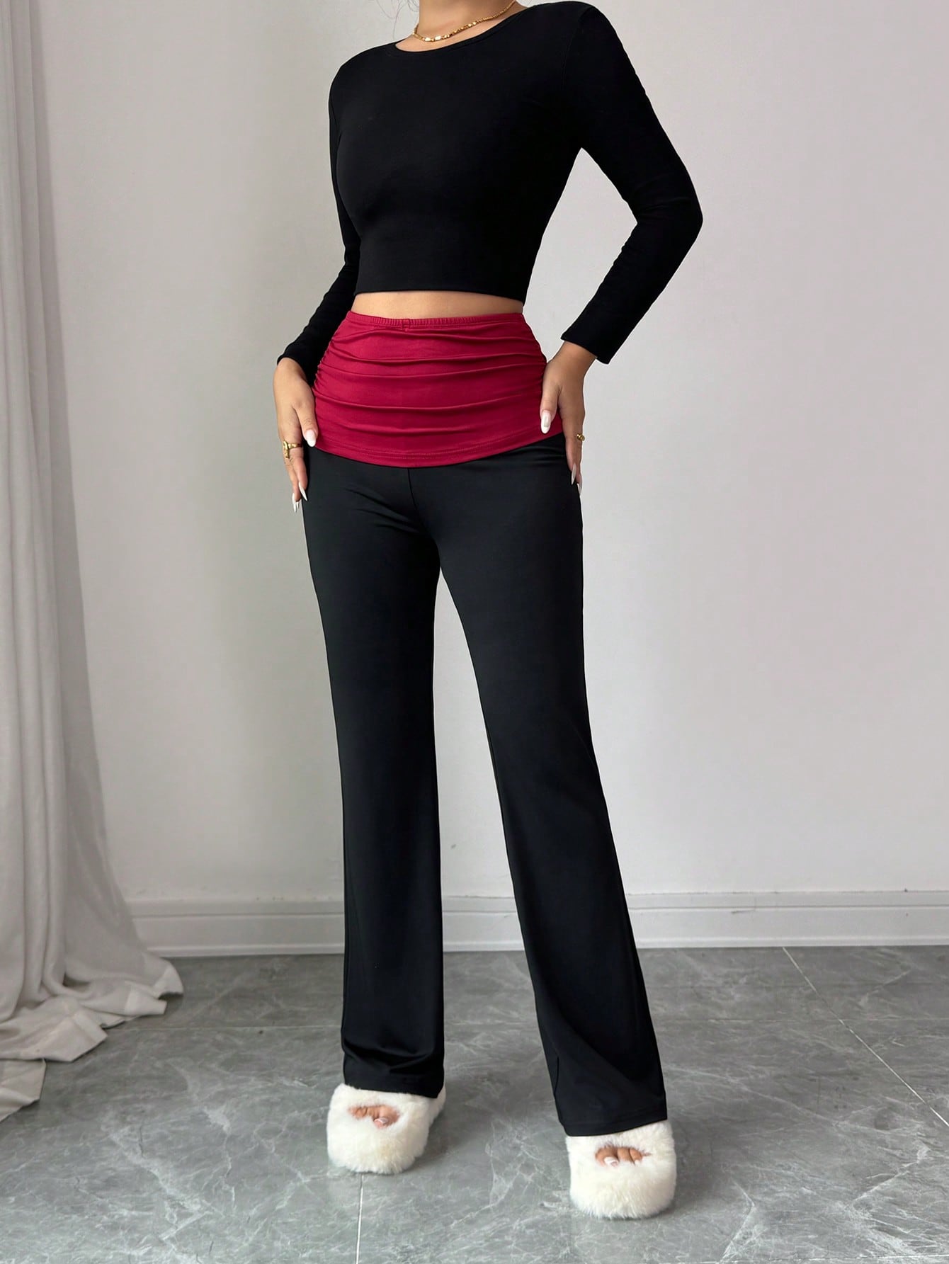 Rafferiza Pantalones de estilo ballet de contraste en negro y rojo, de tela cómoda y versátil, para mujer. Pantalones cómodos a juego con todo, ideales para Navidad.