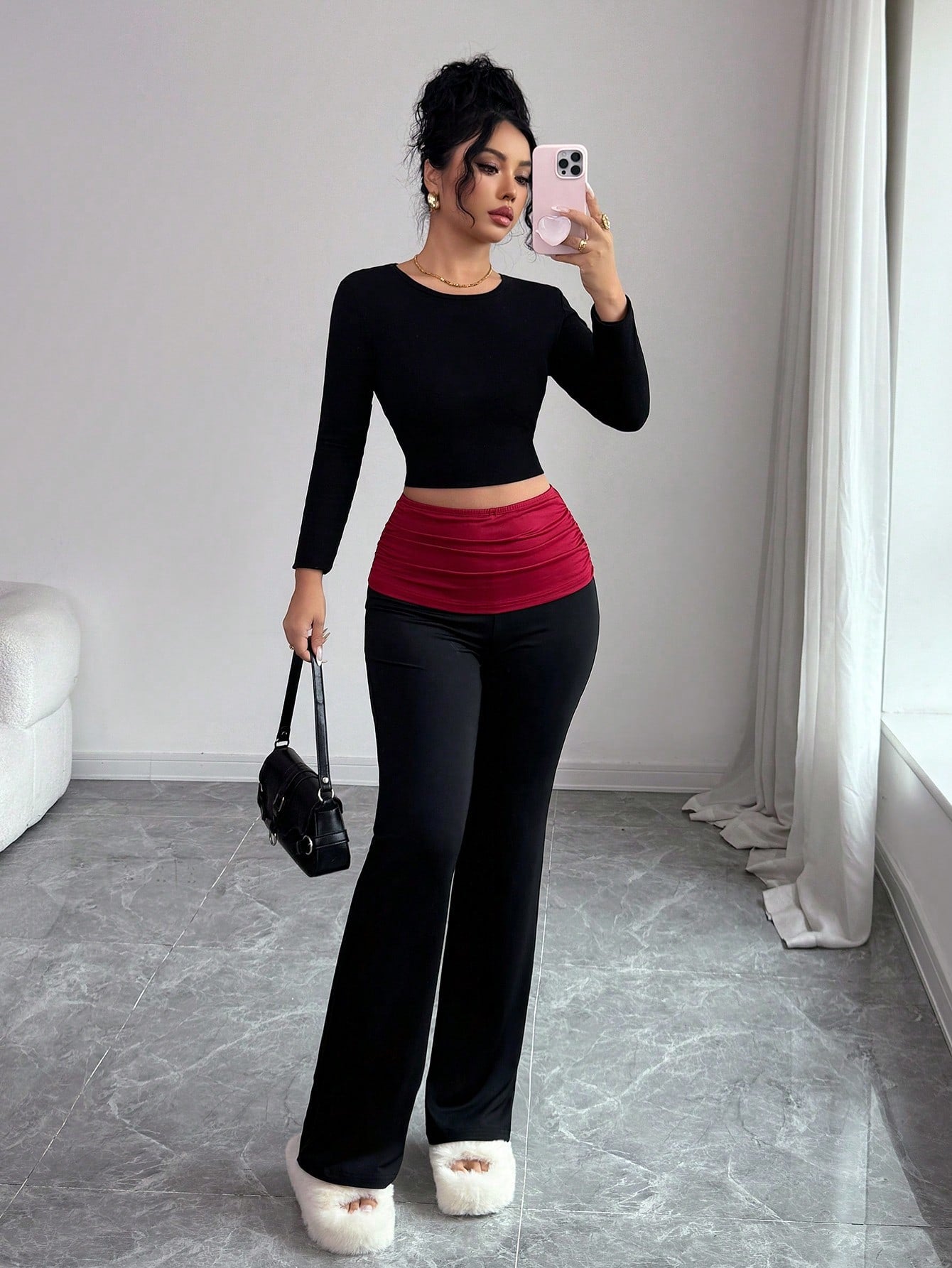 Rafferiza Pantalones de estilo ballet de contraste en negro y rojo, de tela cómoda y versátil, para mujer. Pantalones cómodos a juego con todo, ideales para Navidad.