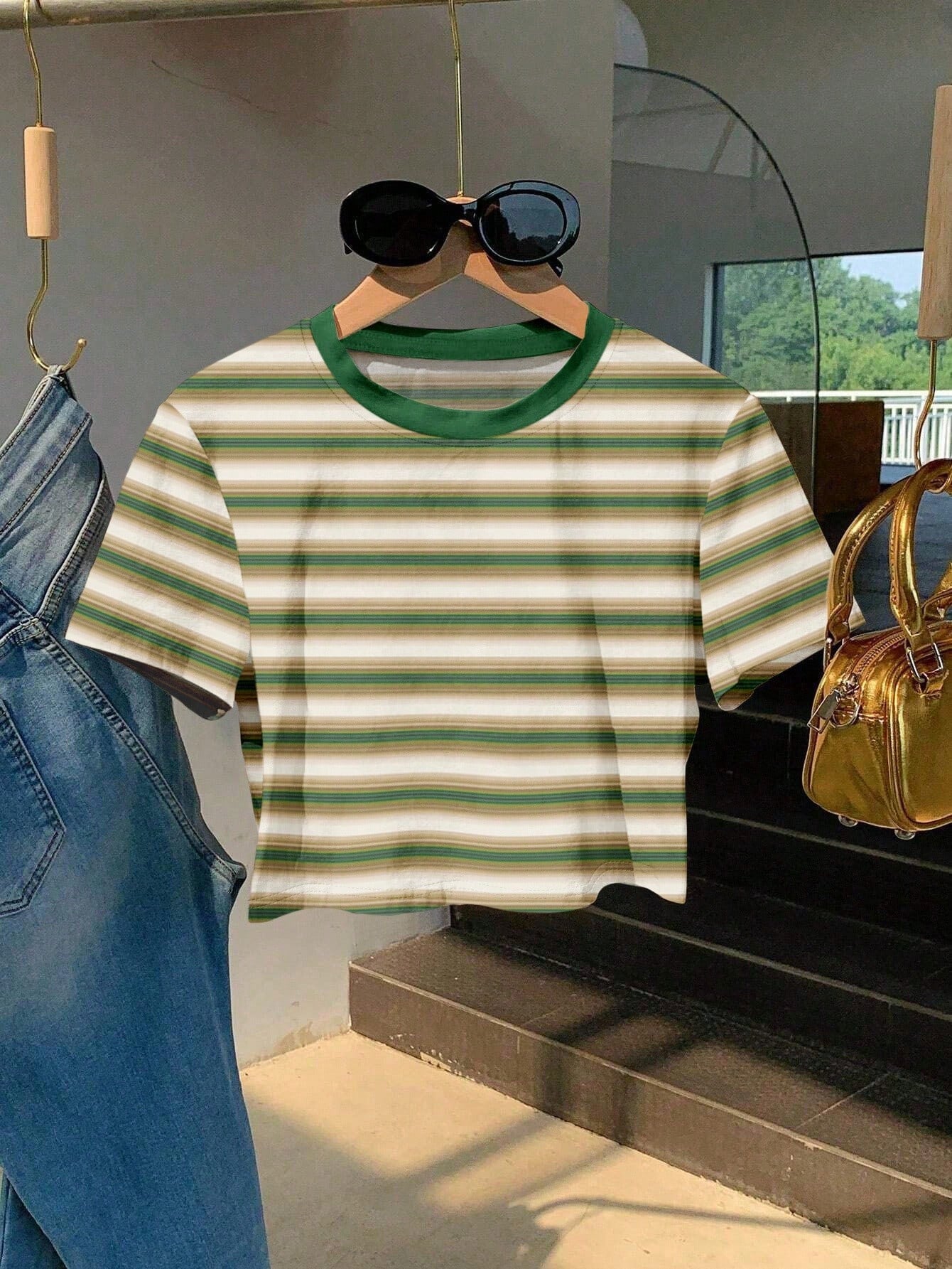 Resyla Camiseta corta de manga corta a rayas casual de verano para mujer