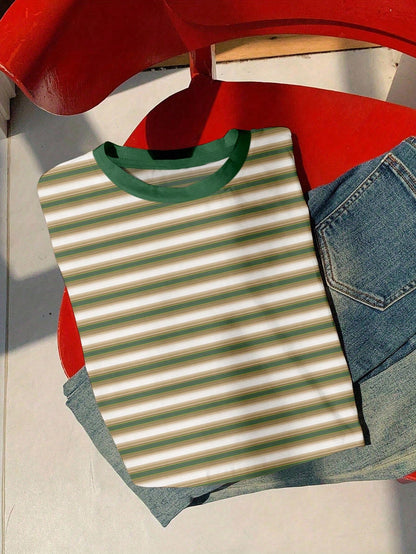 Resyla Camiseta corta de manga corta a rayas casual de verano para mujer