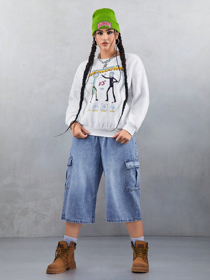 Rick and Morty X SHEIN Sudadera holgada de felpa con gráficos, blanca, talla grande