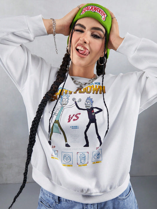 Rick and Morty X SHEIN Sudadera holgada de felpa con gráficos, blanca, talla grande