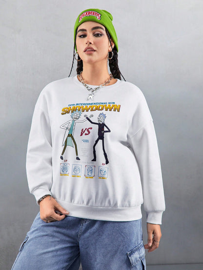 Rick and Morty X SHEIN Sudadera holgada de felpa con gráficos, blanca, talla grande