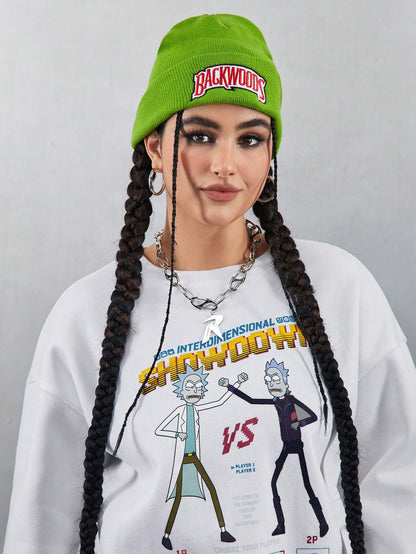 Rick and Morty X SHEIN Sudadera holgada de felpa con gráficos, blanca, talla grande