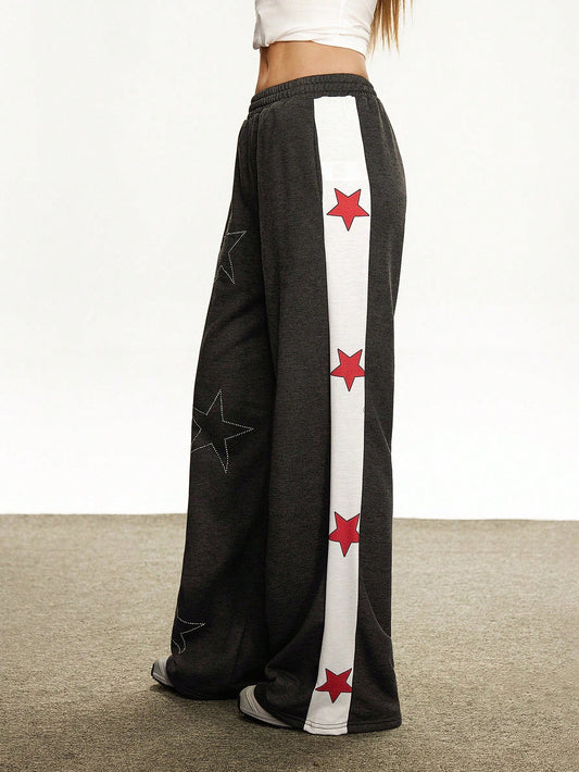 Rina Fox Pantalones de chándal casuales y holgados con estampado de estrella de cinco puntas de color contrastante para mujer