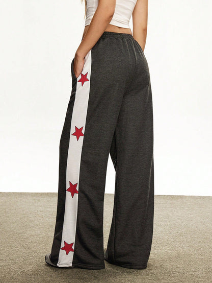 Rina Fox Pantalones de chándal casuales y holgados con estampado de estrella de cinco puntas de color contrastante para mujer