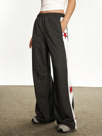 Rina Fox Pantalones de chándal casuales y holgados con estampado de estrella de cinco puntas de color contrastante para mujer