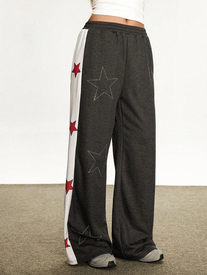 Rina Fox Pantalones de chándal casuales y holgados con estampado de estrella de cinco puntas de color contrastante para mujer