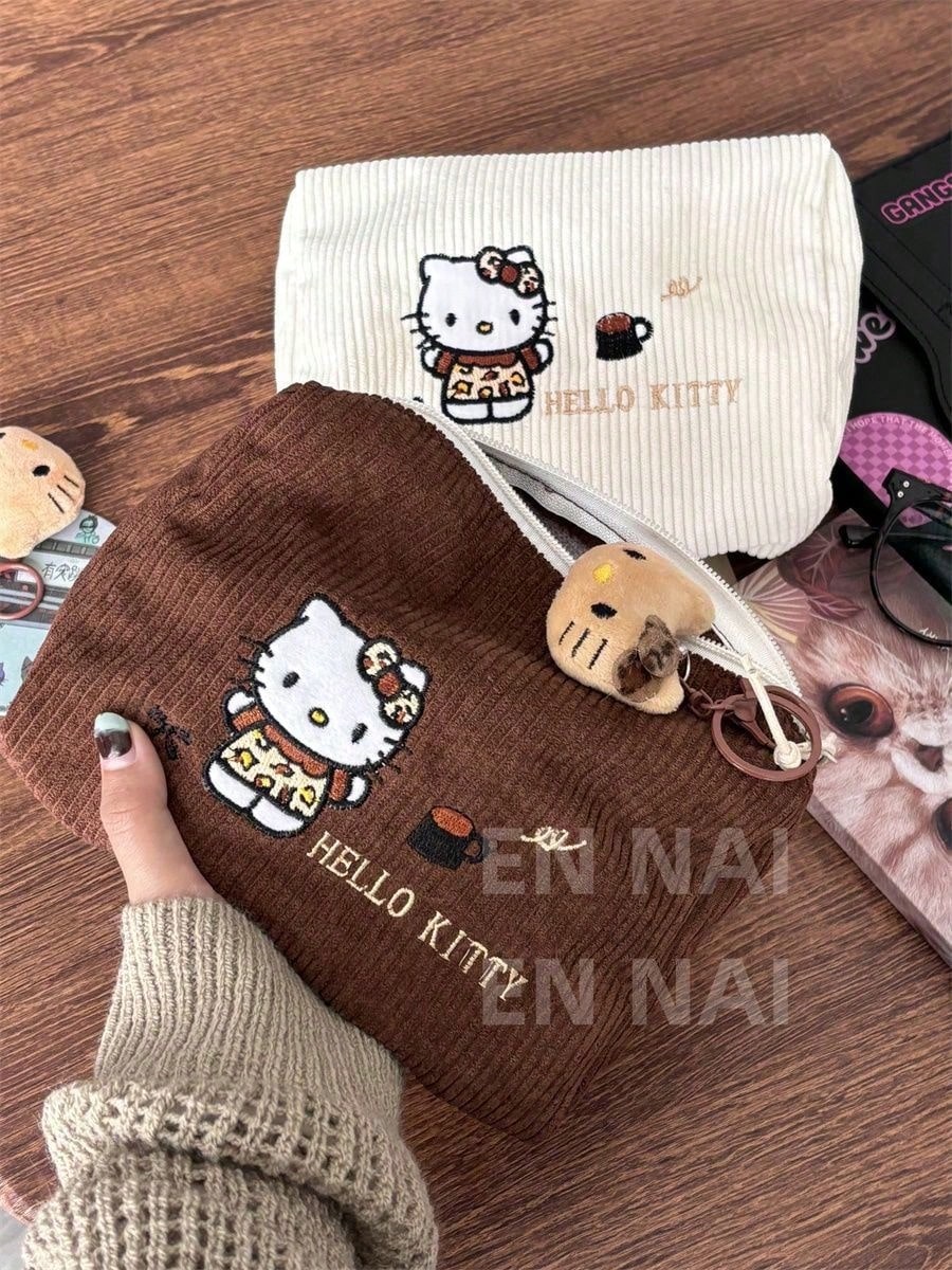 Bolsa de cosméticos de pana con bordado de Hello Kitty, bolsa de maquillaje de gran capacidad, bolso de Sanrio, sin colgante, bolsa esencial de viaje