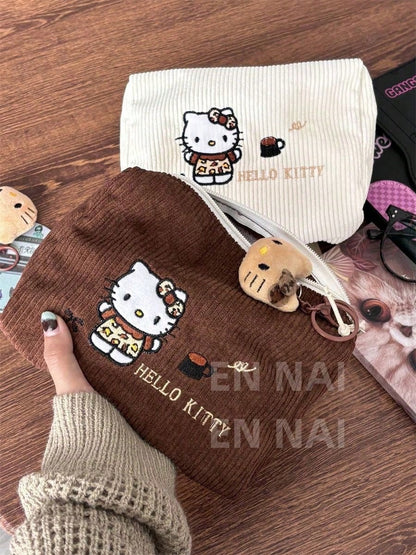 Bolsa de cosméticos de pana con bordado de Hello Kitty, bolsa de maquillaje de gran capacidad, bolso de Sanrio, sin colgante, bolsa esencial de viaje