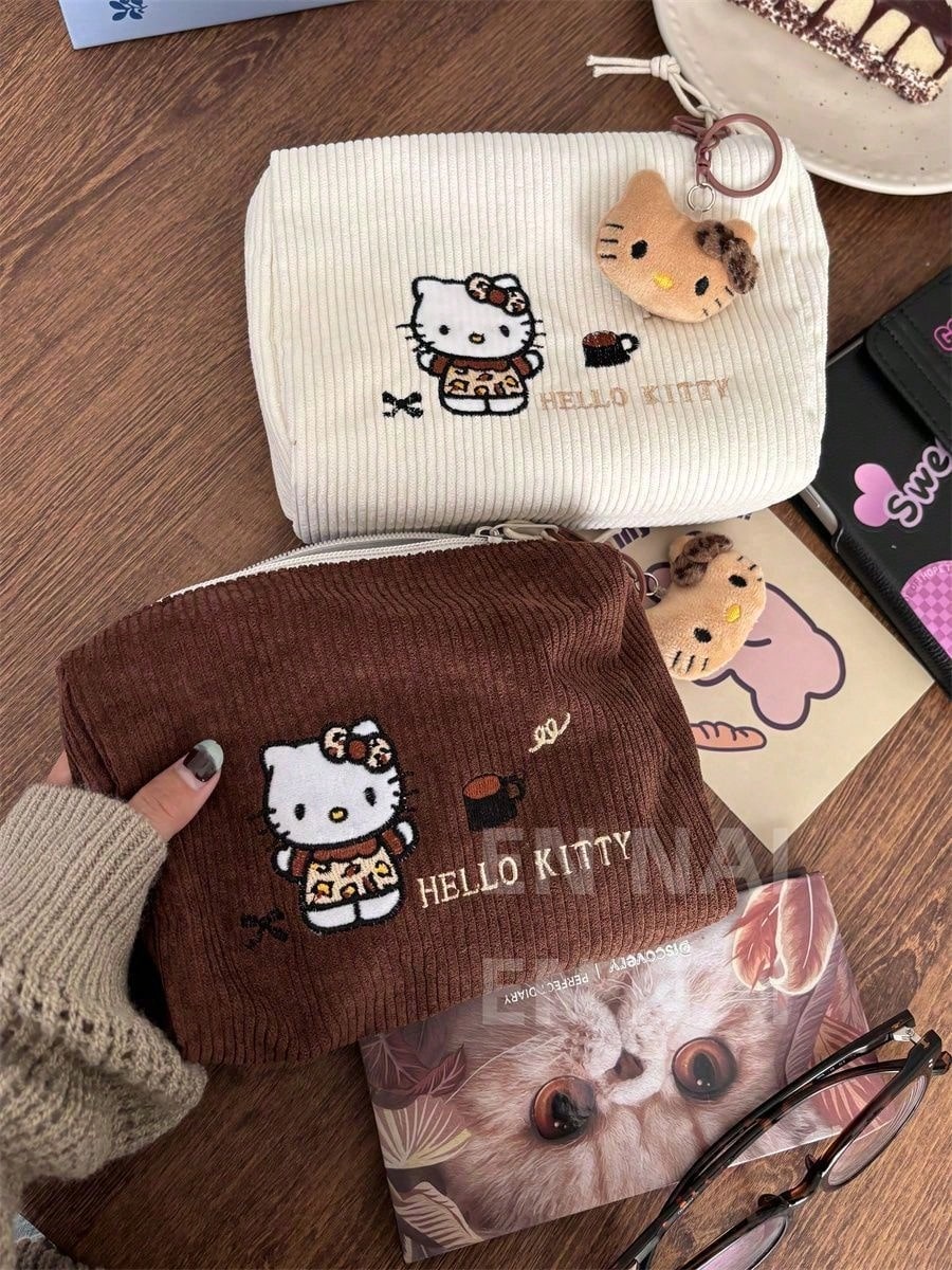 Bolsa de cosméticos de pana con bordado de Hello Kitty, bolsa de maquillaje de gran capacidad, bolso de Sanrio, sin colgante, bolsa esencial de viaje