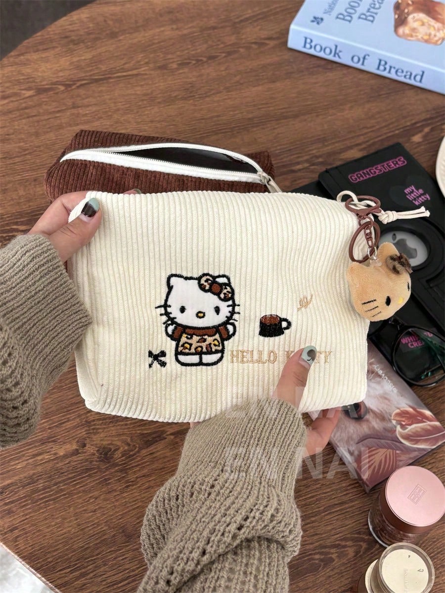Bolsa de cosméticos de pana con bordado de Hello Kitty, bolsa de maquillaje de gran capacidad, bolso de Sanrio, sin colgante, bolsa esencial de viaje