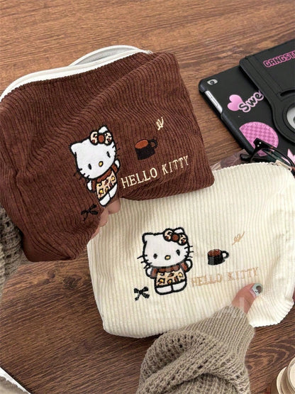 Bolsa de cosméticos de pana con bordado de Hello Kitty, bolsa de maquillaje de gran capacidad, bolso de Sanrio, sin colgante, bolsa esencial de viaje