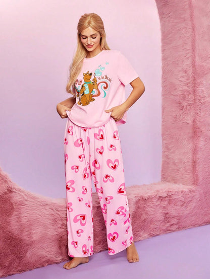 SCOOBY-DOO X SHEIN Conjunto De Pijama De Mujer Con Estampado De Corazón De Dibujos Animados