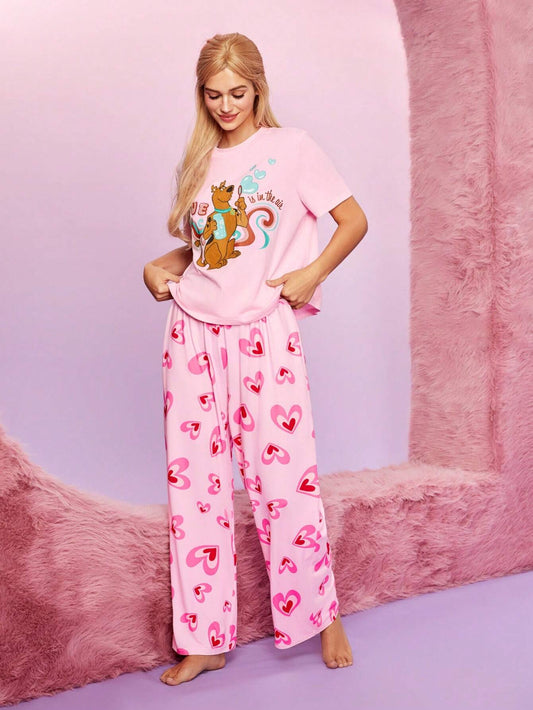 SCOOBY-DOO X SHEIN Conjunto De Pijama De Mujer Con Estampado De Corazón De Dibujos Animados