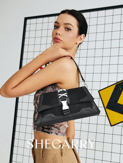 SHECARRY Bolsos de hombro para mujer, de malla, nailon, otoño/verano/invierno, universidad, escuela, vacaciones, estilo callejero, deportes, una noche, Y2K, futurista, punk, estilo motero, dulce, fresco, urbano, techwear, lazo, estudiante